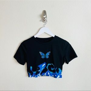 Dolls Kill Black & Blue Butterfly Flames Graphic Crop Short Sleeve Top